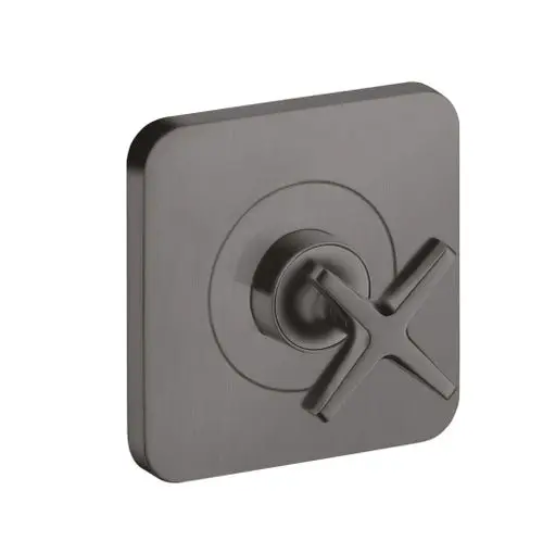 Unterputz Absperrventil in brushed black chrome von AXOR, quadratische Form mit einem X-förmigen Griff, montiert auf einer flachen, quadratischen Platte.